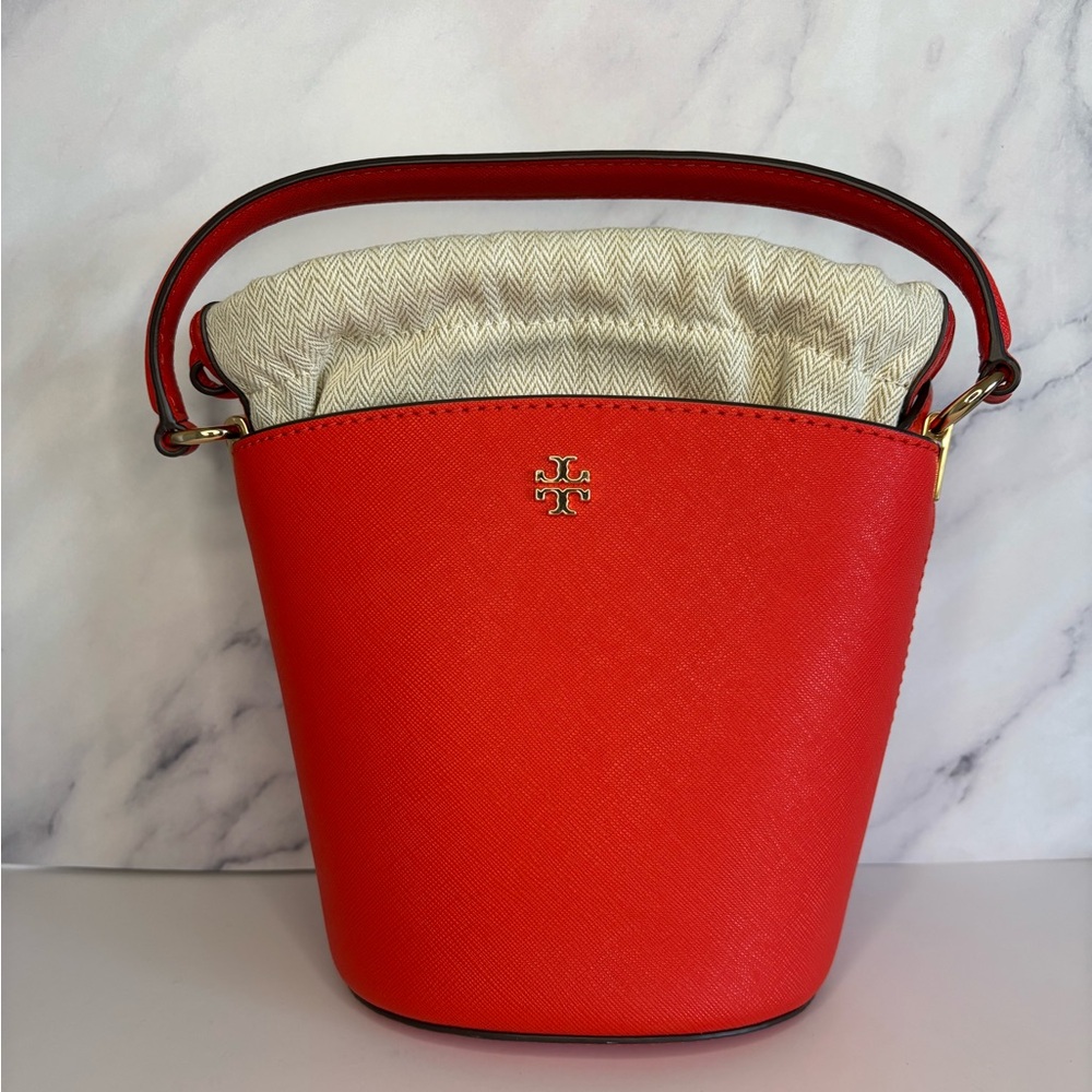 Tory Burch Red Orange Leather Bucket Shoulder Bag with Cream Drawstring Liner